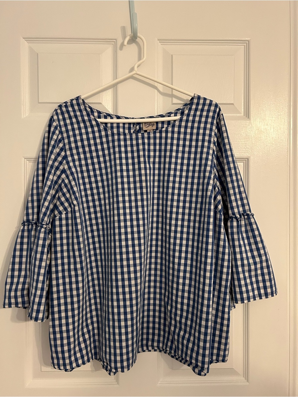 Como Vintage Blue and White Gingham Bell-Sleeve Women's Top
